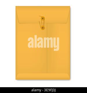 Kraft paper envelope folder with button and string closure isolated on white background, realistic vector illustration Stock Vector