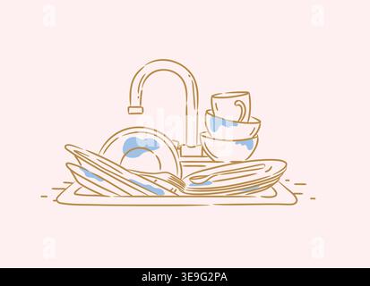 Kitchen sink with dishes cups and cutlery drawing in graphic style on beige background. Housework. Stock Vector