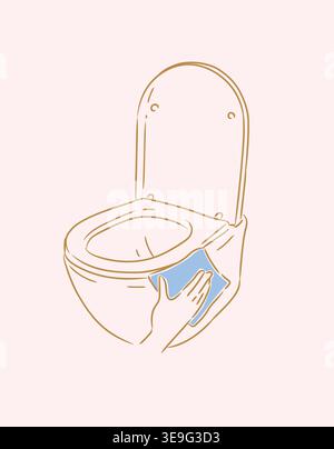 Cleaning a toilet with a rim using cloth drawing in graphic style on beige background Stock Vector
