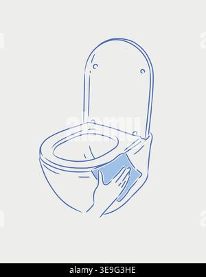 Cleaning a toilet with a rim using cloth drawing in graphic style on blue background Stock Vector