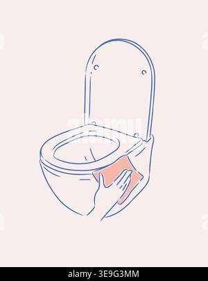 Cleaning a toilet with a rim using cloth drawing in graphic style with blue on beige background Stock Vector