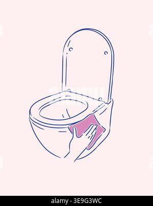 Cleaning a toilet with a rim using cloth drawing in graphic style on peach background Stock Vector