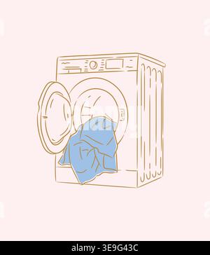 Washing machine in front side view with clothes drawing in graphic style on beige background Stock Vector