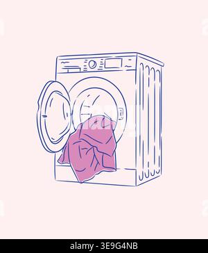 Washing machine in front side view with clothes drawing in graphic style on peach background Stock Vector