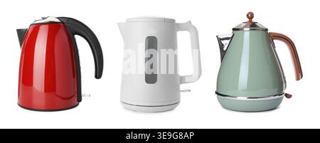 Different electric kettles isolated on white, set Stock Photo
