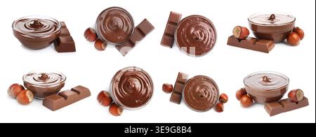 Chocolate paste in bowl isolated on white, set Stock Photo