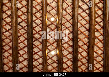 Traditional Omani wooden pattern with geometric design, texture, and warm light creating decorative background, Oman Stock Photo