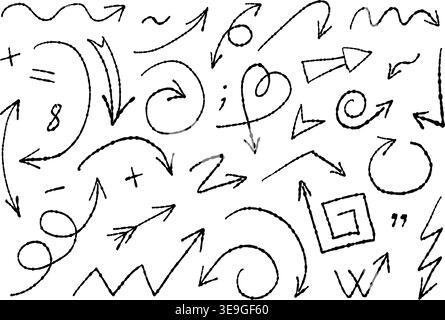 Large set of black hand drawn doodle arrows and symbols isolated on transparent background. Sketchy, ink style. Perfect for presentations, infographics, planners, and creative web design. Vector Stock Vector