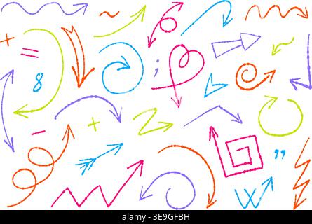 Colorful hand drawn doodle arrows and symbols in sketchy wax crayon style. Perfect for educational materials, creative presentations, kids designs, and vibrant social media graphics. Vector Stock Vector