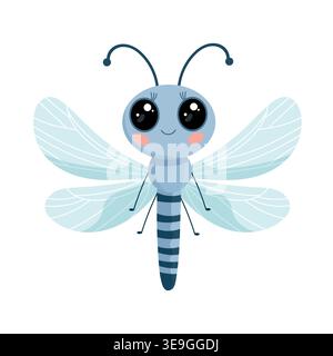 Cute cartoon character, blue dragonfly with big eyes, adorable insect illustration, childish design, animal from nature, flat vector illustration Stock Vector