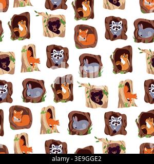 Seamless pattern woodland animals with tree hollows, cute chipmunk rabbit squirrel fox bear raccoon cartoon flat vector background, forest wildlife Stock Vector