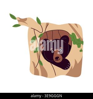 Cute little bear in a tree hollow, adorable cartoon forest animal character, woodland fauna illustration, children's design, flat vector isolated Stock Vector