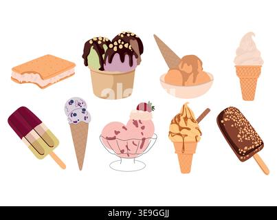 Set of ice cream desserts. Cones, popsicles, sundaes, and sandwiches. Sweet frozen treats set. Summer food illustration. Flat vector illustration Stock Vector