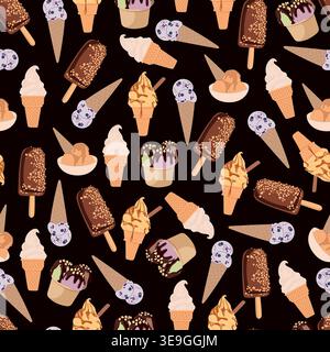 Seamless Pattern with Ice Cream Cones, Popsicles and Sundaes, Sweet Frozen Desserts Background, Summer Treats Collection, Flat Vector Illustration Stock Vector