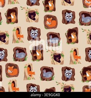 Seamless pattern woodland animals with tree hollows, cute chipmunk rabbit squirrel fox bear raccoon cartoon flat vector background, forest wildlife Stock Vector