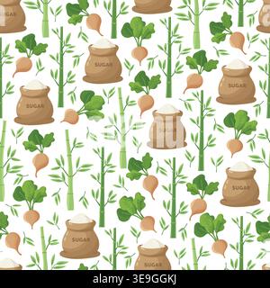 Seamless pattern with sugar bags, sugarcane stems and sugar beet roots, natural sweetener background, organic food concept, flat vector illustration. Stock Vector