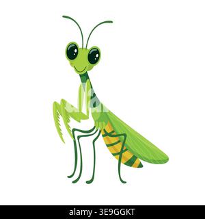 Cute cartoon praying mantis with big eyes, green insect illustration, childish design, flat vector isolated on white background. Stock Vector