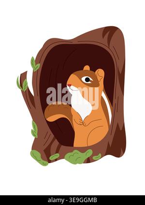 Cute chipmunk in a tree hollow, cartoon forest animal character, adorable woodland wildlife illustration, childish design, flat vector isolated Stock Vector