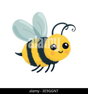 Cute cartoon bumblebee character with fluffy body and wings, adorable bee illustration, childish design, flat vector isolated on white background. Stock Vector