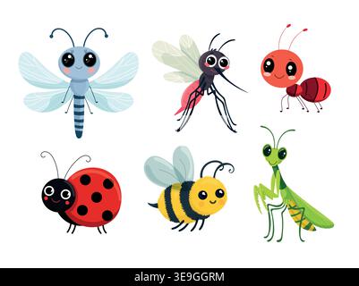 Cute set of cartoon insects. Dragonfly, mosquito, ant, ladybug, bee and praying mantis, adorable bug collection, flat vector illustration Stock Vector
