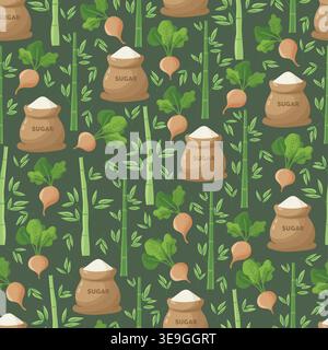 Seamless pattern with sugar bags, sugarcane stems and sugar beet roots, natural sweetener background, organic food concept, flat vector illustration. Stock Vector