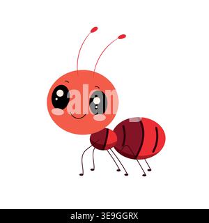 Cute cartoon character, red ant with big eyes, adorable insect illustration, kids design, flat vector isolated on white background. Stock Vector