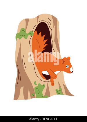 Cute red squirrel in a tree hollow, cartoon forest animal character, adorable woodland wildlife illustration, childish design, flat vector isolated Stock Vector