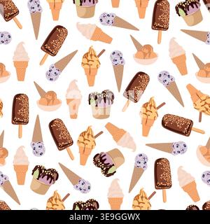 Seamless Pattern with Ice Cream Cones, Popsicles and Sundaes, Sweet Frozen Desserts Background, Summer Treats Collection, Flat Vector Illustration Stock Vector