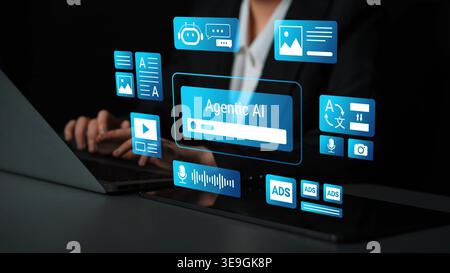 Futuristic Concept of Artificial Intelligence Interaction with Digital Interface and Data Visualization in Dark Environment Gluon. Stock Photo