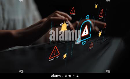 Hands on computer keyboard with floating warning symbols representing security alerts, notifications, and digital threats in a dark environment Gluon. Stock Photo