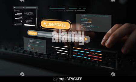 Hands Typing on Keyboard with Digital Interface Displaying Code and Generator Feature in a Modern Tech Environment Gluon. Stock Photo