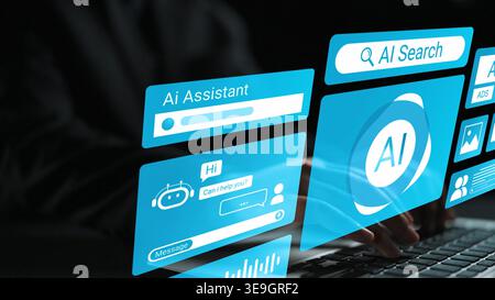 Digital Interface with AI Assistant and Search Functionality Showcasing Advanced Technology Interaction for Modern Users in a Dark Environment Gluon. Stock Photo