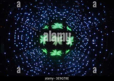 Futuristic abstract background with circular neon light dots Stock Photo