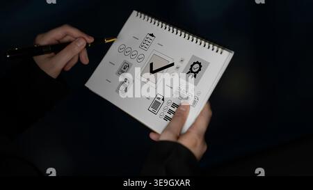 A close-up view of hands holding a notepad filled with illustrations of checkmarks and icons, symbolizing achievements and goals in a professional Stock Photo