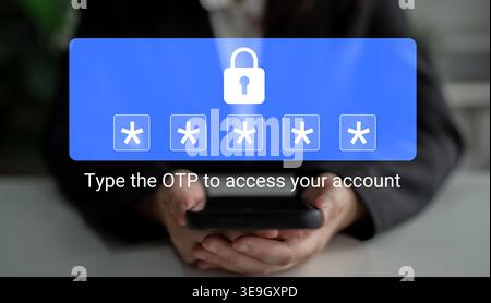 A close-up image of a user entering a one-time password on a mobile device, highlighting secure online authentication and the importance of digital Stock Photo