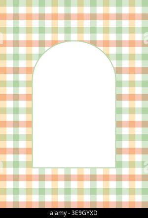 Pastel arch frame on green and peach gingham background. Vertical checkered template for spring invitations. Stock Vector