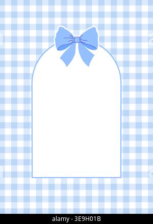 Blue arch frame with a bow on a gingham background. Vertical checkered template for baby shower or birthday. Stock Vector