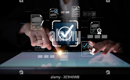Business Person Using Digital Tablet to Manage Documents and Data with Modern Technology Interface for Efficient Workflow Optimization and Stock Photo