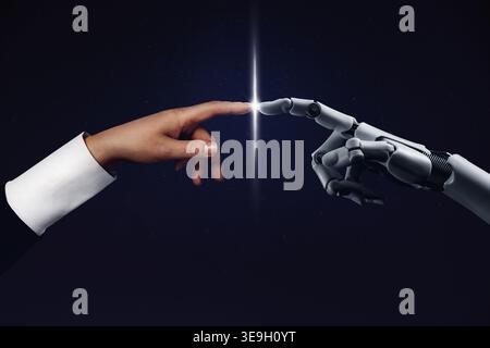 White cyborg robotic hand pointing his finger to human hand with stretched finger on blue night sky with stars - cyber la creation . Stock Photo