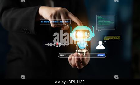 Business Professional Interacting with AI Assistant Interface Displaying Virtual Communication and User Engagement Tools Quark. Stock Photo