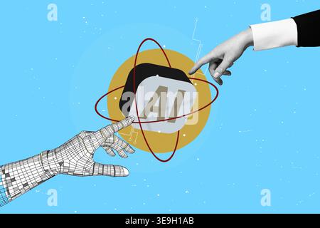 White cyborg robotic hand pointing his finger to human hand with stretched finger to the ai symbol - cyber la creation. Flat design art collage. Stock Photo