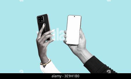 Young woman and man taking photos with modern smartphone. Contemporary flat design art collage Stock Photo