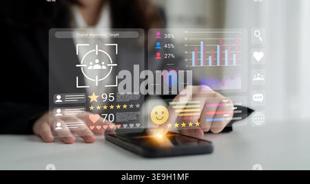 A business professional interacts with digital marketing data using a smartphone and futuristic interface, illustrating metrics, graphs, and insights Stock Photo
