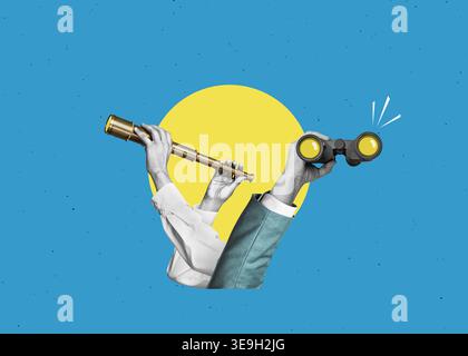 hand holding a telescope and binoculars. Art collage. Searching for information on the internet, planning and analysis concept. Stock Photo