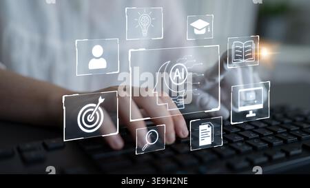 Concept of AI artificial intelligence supporting AI education solution, search, reskill, analytics and AI task management in a connected future AI Stock Photo