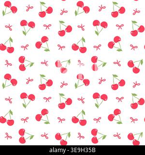 Seamless pattern with red cherries and pink bows. Summer fruit design for textiles and nursery. Stock Vector