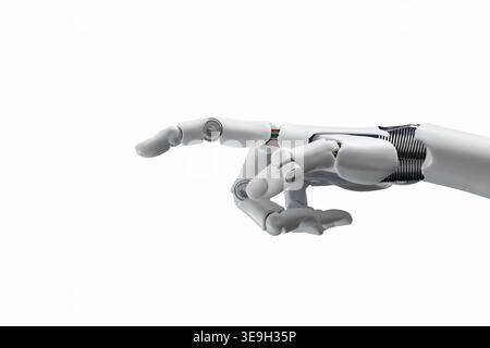 White cyborg robotic hand pointing his finger - 3D rendering isolated on free PNG background. Stock Photo