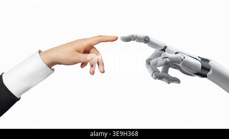 White cyborg robotic hand pointing his finger to human hand with stretched finger - cyber la creation - isolated on free PNG background. Stock Photo