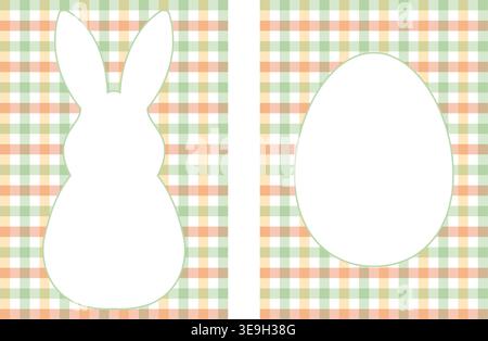 Easter cards template with bunny and egg silhouettes on green and peach gingham background, vector. Stock Vector