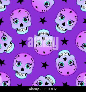 Cute seamless pattern with gradient kawaii skulls and black stars  Stock Vector